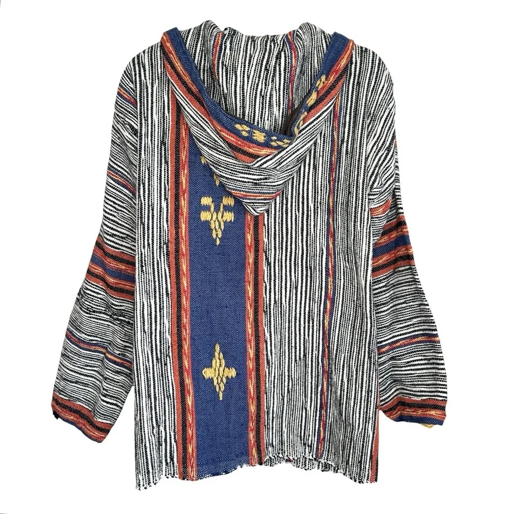 Boho Baja Hoodie Mexican Blanket Toggle Jacket Medium Indie Festival Surf Stripe